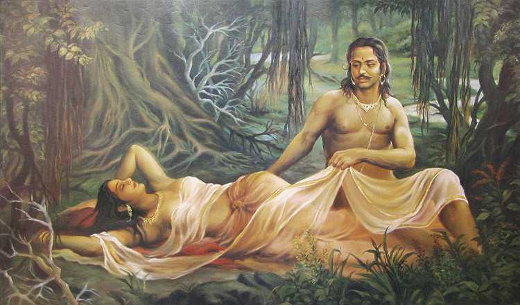 Shakuntala and Dushyanta in the forest - another Ravi Varma painting